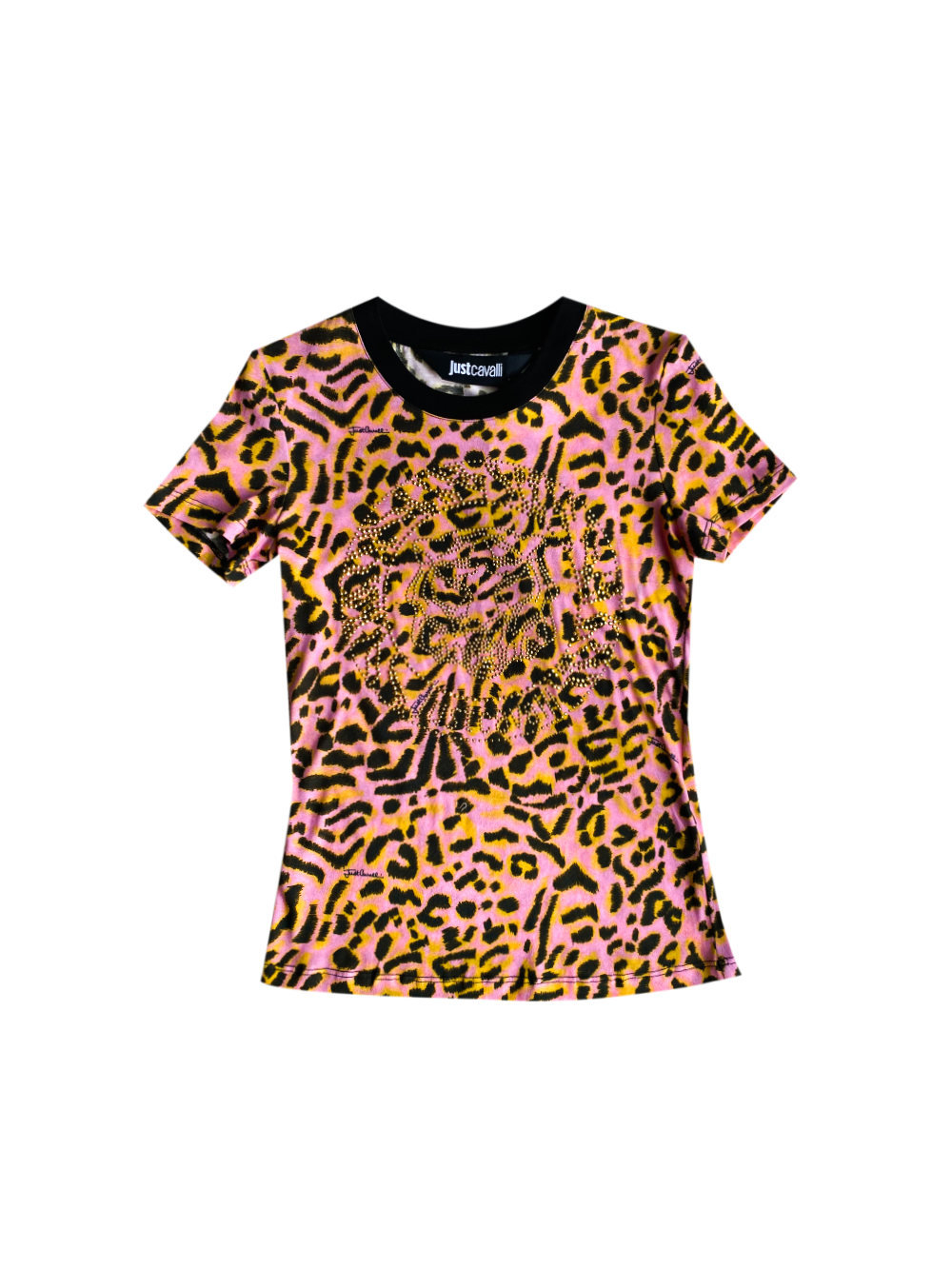 JUST CAVALLI Jaguar print embellished pink leopard logo T-shirt S