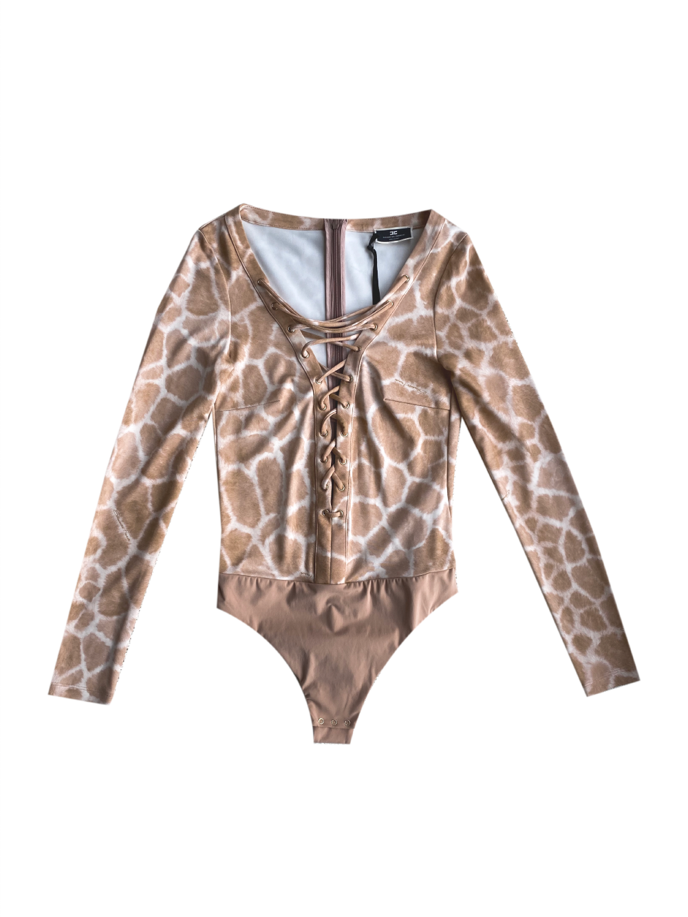 ELISABETTA FRANCHI nude long sleeve lace up leopard print bodysuit  M